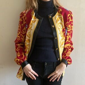 Vintage 100% Silk French Floral Print Button Down Blouse Red Gold & Black Sz 12